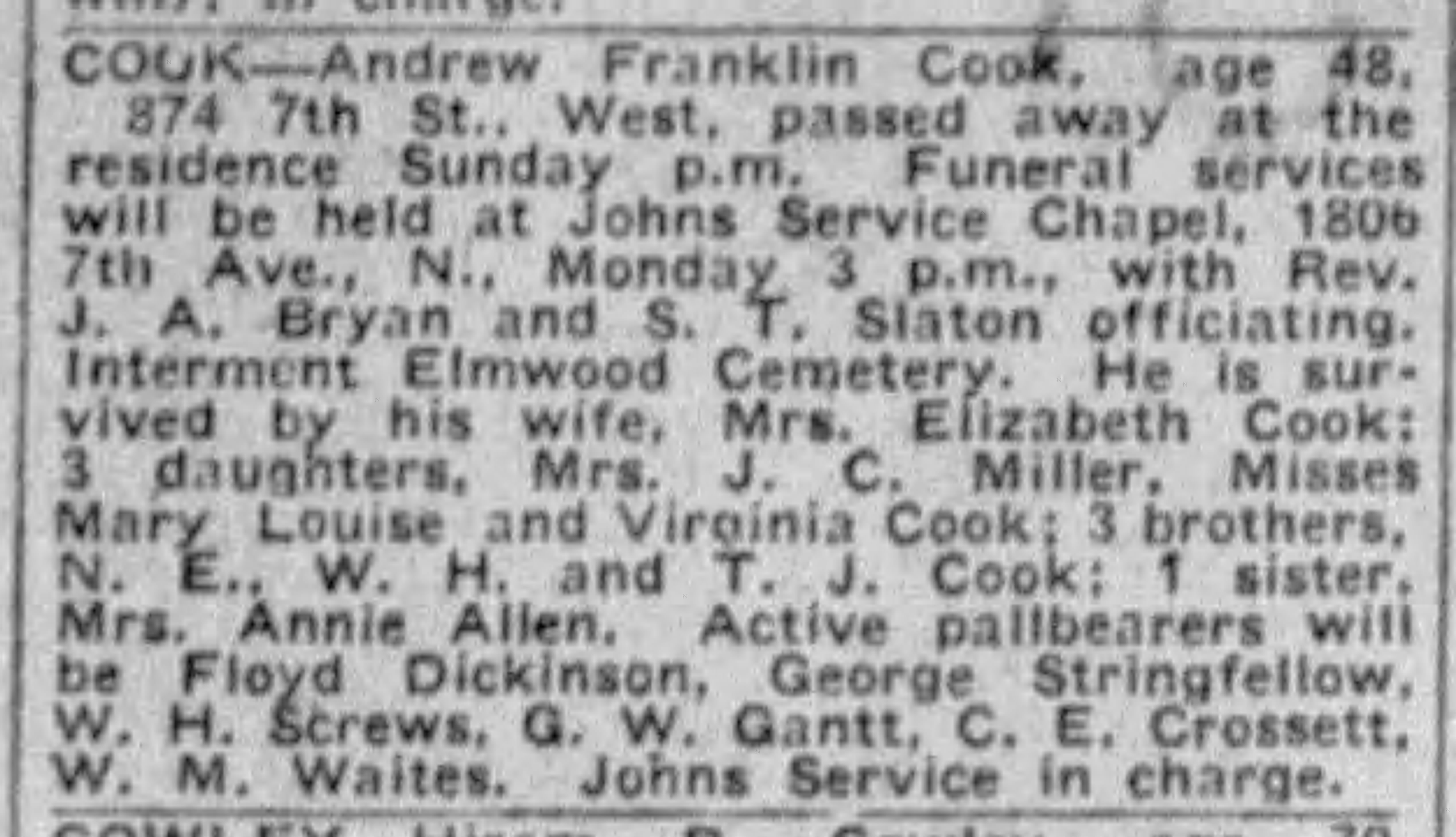 Andrew Franklin Cook obituary